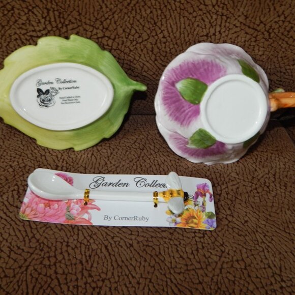 Corner Ruby Garden Collection Lilac Flower Shaped Teacup Leaf Saucer Spoon Set - Picture 6 of 6